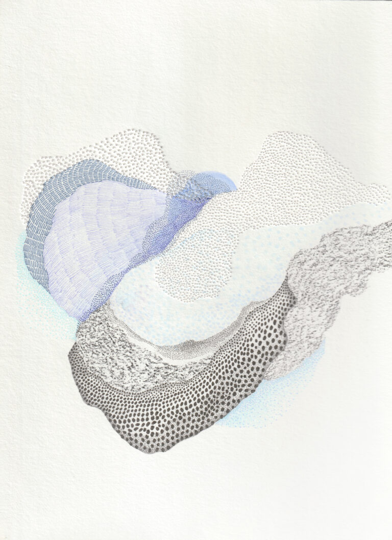 IMMERSIVE CLOUD, encre, graphite, bic, pastel gras et papier percé à l’aiguille sur CANSON, 27x36 cm, 2021